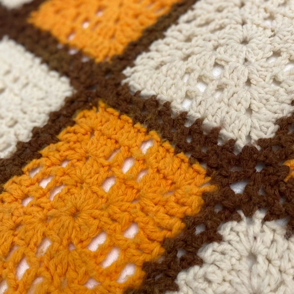 Handmade Orange and Cream Crochet Granny Square Throw - Brand